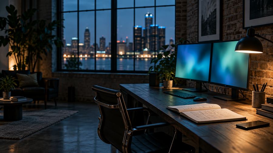 A design studio at dusk: a long desk with two glowing monitors, a sketchbook of wireframes, the Detroit skyline through a factory window.